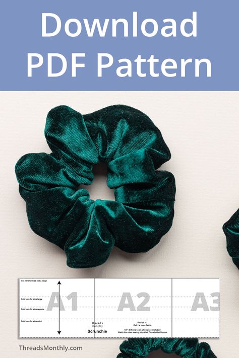 Make your own velvet scrunchies from home. This FREE sewing pattern comes in sizes mini, regular, large, and XL. It's a printable PDF. DIY scrunchies are an easy sewing project idea for beginners. Start making your own clothes and hair accessories. Tela, Couture, Scrunchies Diy Pattern, Sewing Hair Scrunchies Free Pattern, Scrunchy Pattern Free, Mini Scrunchie Pattern, Scrunchies Pattern Free, Scrunchie Sewing Patterns Free, Scrunchies Size Pattern