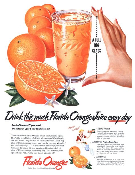 Florida Oranges - 1952 Juice Advertisement, Florida Orange Juice, Juice Ad, Americana Design, Orange Things, Bizarre Foods, Florida Oranges, Vintage Newspaper, Shirt Graphics