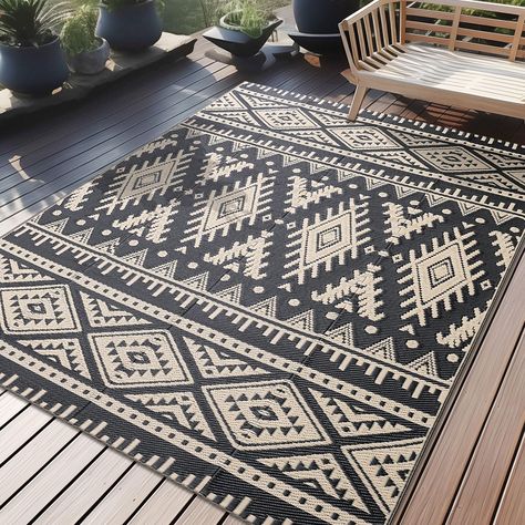 PRICES MAY VARY. REVERSIBLE & VERSATILE: Our outdoor patio rug features a reversible design with modern geometric patterns on two sides. The versatile two-sided construction allows you to refresh your space in an instant. Applicable to patio, RV, porch, deck, backyard, camper, balcony, picnic, tent, trailer. EASY TO CARE: Made from recycled plastic straws, our camping rugs are waterproof and fast-drying, so spills and messes are no match. Mud and grass stains can be easily rinsed off with water. Balcony Picnic, Picnic Tent, Rv Porch, Gray Patio Furniture, Outdoor Plastic Rug, Straw Rug, Camping Rug, Deck Backyard, Boho Patio