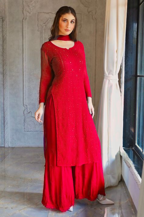 Shop for Label Aishwaryrika Georgette Chikankari Embroidered Kurta for Women Online at Aza Fashions Red Indian Suit, Red Kurti Design, Tshirt Women Outfit, Traditional Dresses Indian, Suits For Women Indian, Red Kurti, Simple Frock Design, Red Kurta, Simple Frocks
