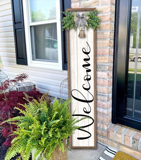 PRICES MAY VARY. 【Highquality Material】: the hanging vertical welcome sign for front porch is made of natural and quality wood material, sturdy and reliable to use, It is printed with weatherproof UV Inks that won’t fade, peel or crack. 【Perfect Size】: Welcome sign is 45" tall and 9" wide , 1" thick, weighs 2.5 lb. Ready to hang anywhere you want guests to see in your home, such as the porch, yard, entrances, entryways, front porches and walls and any conspicuous position. 【Exquisite Craftsmansh Farmhouse Outside, Outdoor Welcome Sign, Front Yard Decor, Welcome Signs Front Door, Front Porch Signs, Welcome Signs, Front Door Signs, Outdoor Porch, Leaf Decor