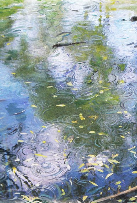 Gentle rain , soft reflections....pond on a rainy day Rainy Pond Aesthetic, Rain On Water Painting, Gentle Rain Aesthetic, Rainy Day Aesthetic Painting, April Rain Aesthetic, Rain Art Aesthetic, Reflection In Water Painting, Rain Painting Watercolor, Rain Reference