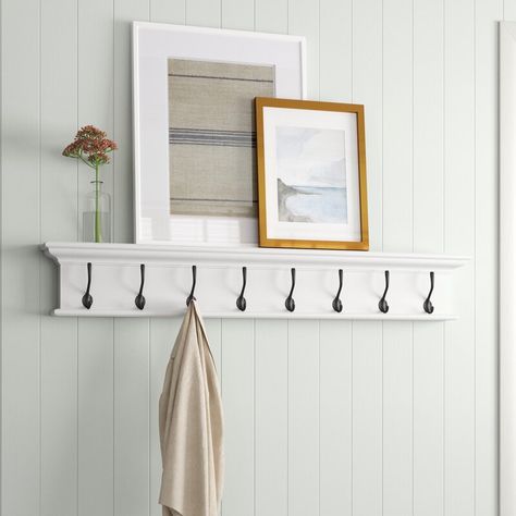 Sand & Stable Sorrento 51.18'' Wide Solid Wood 8 - Hook Wall Mounted Coat Rack & Reviews | Wayfair Fabric Finishes, Walls Color, Wall Shelf With Hooks, Coat Rack With Storage, Coastal Farmhouse Decor, Small Shelf, Ikea Furniture Hacks, Crown Moulding, Entryway Wall