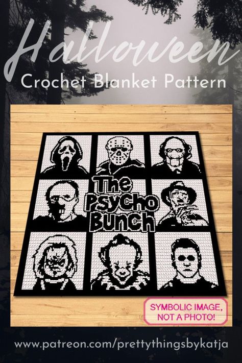 Crochet meets horror in this captivating collection of Serial Killer patterns. Prepare to be thrilled stitch by stitch! Amigurumi Patterns, Horror Blanket Crochet, Crochet Graph Blanket, Free Horror Crochet Patterns, Movie Crochet Patterns, Free Crochet Graph Patterns, Gothic Crochet Patterns Free, Crochet Pixel Blanket, Creepy Crochet Pattern Free