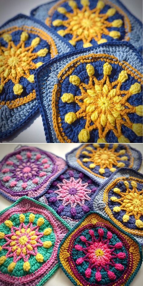 Mandalas, Crochet Floral Square, Mandala Crochet Granny Squares, Succulent Granny Square, Crochet Mandala Granny Square, Spring Granny Square Crochet, Intricate Crochet Patterns, Intricate Granny Square, Afgan Crocheted Patterns Free