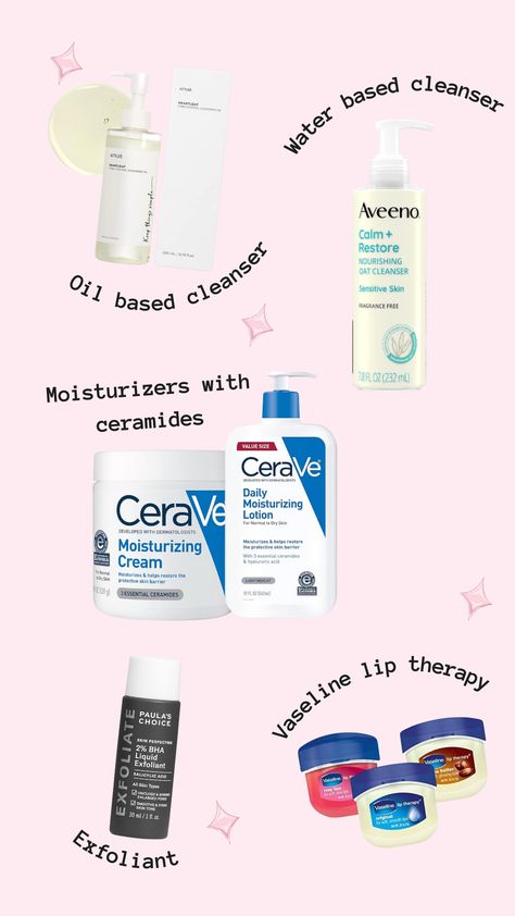 An oil-based cleanser for breaking up makeup, sunscreen and dirt, a nourishing water-based cleanser, a gentle exfoliant for smooth texture, and moisturizers enriched with ceramides for hydration! Complete your routine with Vaseline Lip Therapy Mask for soft lips 🌸 Water Based Cleanser, Makeup Sunscreen, Cleanser Sensitive Skin, Lip Therapy, Vaseline Lip Therapy, Vaseline Lip, Oil Based Cleanser, Barrier Cream, Face Products