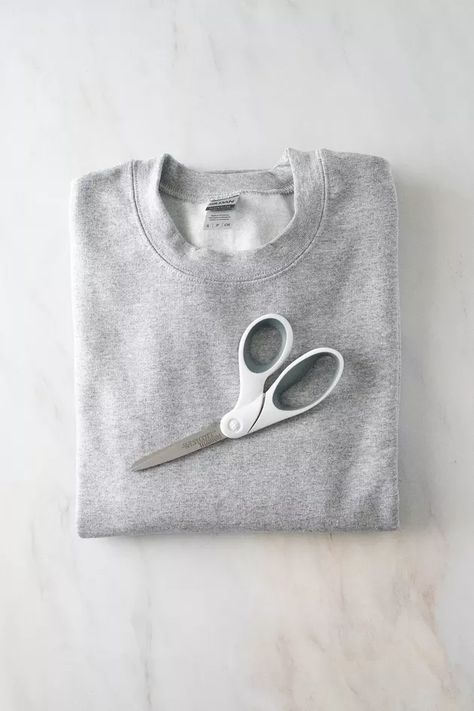 Couture, Upscale Sweatshirt Diy, Make Sweatshirt Bigger Diy, Short Sleeve Sweatshirt Outfit, Distressed Crewneck Sweatshirt Diy, Sweatshirt Too Small, Make Sweatshirt Smaller, Cut Crewneck Sweatshirt Neckline, Sweatshirt Refashion Diy Upcycle