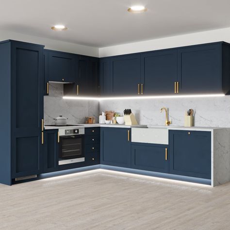 Howdens Chelford, Kitchen Howdens, Blue Kitchen Inspiration, Blue Kitchen Designs, Bilik Air, Navy Kitchen, Classy Kitchen, Kabinet Dapur, Interior Design Kitchen Small