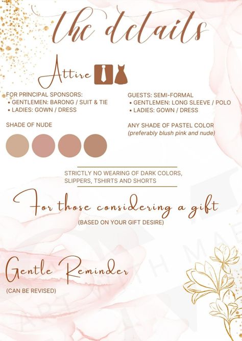 Wedding, Pink/Gold Wedding Theme, Card, Invitation Pink Gold Wedding Theme, Boho Filipiniana, Attire Wedding Invitation, Wedding Invitation Layout, Filipiniana Wedding Theme, Pink Gold Wedding, Drawings Inspo, Sample Invitation, Filipiniana Wedding