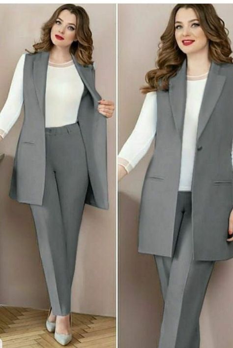 Suit For Office Women, Grey Suit Women, Women Fashion Ideas, Giacca In Tweed, Office Attire Women, Shirt And Tie Combinations, Smart Casual Women Outfits, 2piece Outfits, Corporate Dress