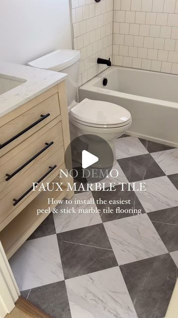 Kendra | Harbor + Pine on Instagram: "Comment FLOOR for link! Here’s how to transform your space with @wallpops x @chrislovesjulia Marble Bonneville Peel & Stick Floor Tiles:

1. It’s important to start with a clean, smooth surface, so my husband laid some sub flooring in this rental bathroom first, but that isn’t necessary in all cases! Just depends on the flooring your working with originally. Then we were ready to start! Measuring, mark, and draw lines to find the center point of the floor.

2. Unbox all tiles! You can lay them all out before starting to verify the pattern and layout, as well. 

3. Peel the paper backing off and place the first tile in the center of the room. 

4. Working outwards in each direction of the laid tile, alternating each of the tile colors as you go.

5. Mak Peel And Stick Floor Tile In Bathroom, How To Lay Peel And Stick Tile, How To Lay Peel And Stick Flooring, Diy Peel And Stick Flooring, Peel And Stick Floor Tile Bathroom, Peel And Stick Bathroom Floor, Bathroom Selections, Stick Floor Tiles, Tile Colors