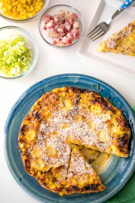 Cheesy Pancetta, Corn, and Leek Frittata - Vanilla Bean Cuisine Gluten Free Breakfasts, Fontina Cheese Recipes, Corn Frittata, Leek Frittata, Frittata Recipe, Fontina Cheese, Frittata Recipes, Gluten Free Cheese, Breakfast Options