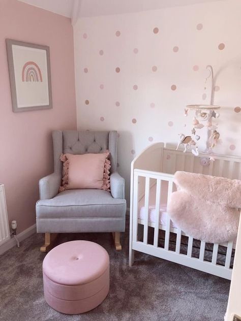 Baby Girl Nursery Room Pink, Pink Polka Dot Nursery Baby Girl, Baby Girls Room Pink, Baby Girl Bedroom Pink, Boho Floral Nursery Wallpaper, Pink Polka Dot Nursery, Pink Baby Girl Bedroom, Polka Dot Accent Wall Nursery, Pink And Polka Dot Bedroom