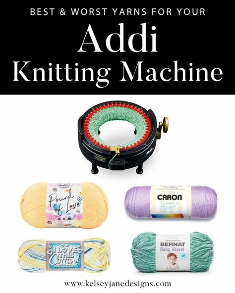 The best and worst yarns to use in your Addi Knitting Machine. The correct yarn can help you fly through your project with ease. Hat Knitting Machine, Best Yarn For Sentro Knitting Machine, Addi Knitting Machine Hat Patterns, Circular Knitting Machine Ideas, Circular Knitting Machine Blanket, Addi Machine Patterns, Addi Express Kingsize Projects, Knitting Machine Scarf, Addi Knitting Machine Patterns