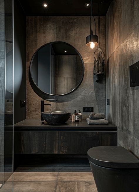 Rustic Bathroom Sink Ideas, Dark Vanity Bathroom, Dark Modern Bathroom, Small Dark Bathroom, Rustic Bathroom Diy, Modern Washroom Design, Small Rustic Bathroom, Rustic Bathroom Sink, Rustic Bathroom Design