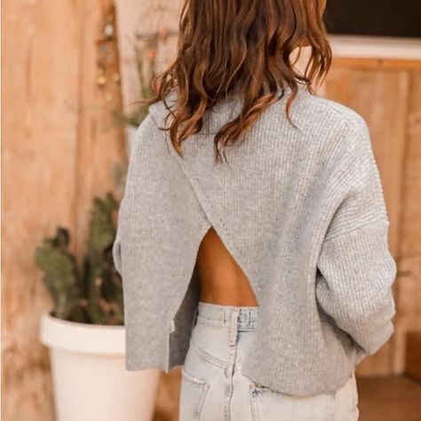 NWT Lulus Pretty Cute Heather Grey Mock Neck Backless Sweater, L, from Nordstrom Backless Sweater, Open Back Sweater, Oversized Grey Sweater, Cozy Knit Sweater, Sweater Season, Open Sweater, Out Back, Fall Outfits Women, Pretty And Cute