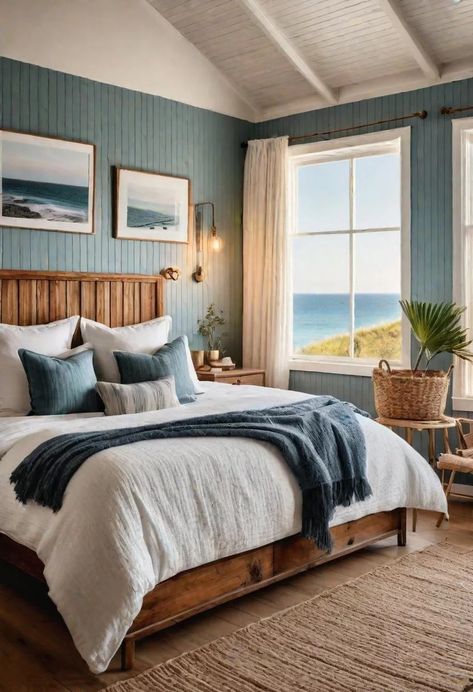 43 Relaxing Coastal Bedrooms for Breezy Retreats 17 Beach Theme Bedroom Furniture, Rustic Coastal Decor Bedroom, Breezy Home Decor, Beach Themed Interior Design, Cottage Beach Bedroom, Coastal Theme Interior, Lake Themed Decor, Ocean Aesthetic House, Themed Guest Bedrooms