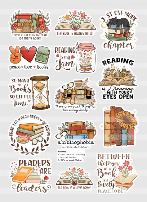 Stickers For Books Free Printable, Book Stickers Free Printable, Free Stickers Printables Aesthetic, Sticker Set Free Printable, Cricut Stickers Ideas, Bookish Stickers Printable, Png Stickers Aesthetic, Book Stickers Printable, Cute Book Stickers