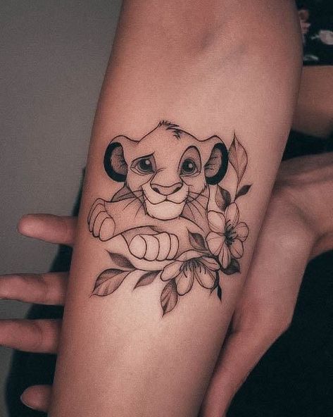 Lion King Tattoo. Nicole Tattoo Ideas, Lion King Tattoos For Women, Disney Animal Tattoo Ideas, Disney Tattoos Characters, Small Lion King Tattoo For Women, Disney Tattoo Sleeve Ideas, Disney Sleeve Tattoos For Women, Simba Lion King Tattoo, Lion King Inspired Tattoos