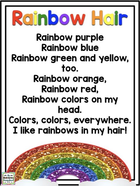 Find ideas, lesson plans, art projects and more for rainbows! Rainbow science experiments and hands on learning about rainbows!  Rainbow poem! Rainbow Rhymes Preschool, Rainbow Poem, Kids Songs With Actions, Rainbow Lessons, Rainbow Story, Kindergarten Poems, Monkey Room, Preschool Poems, Rainbow Songs