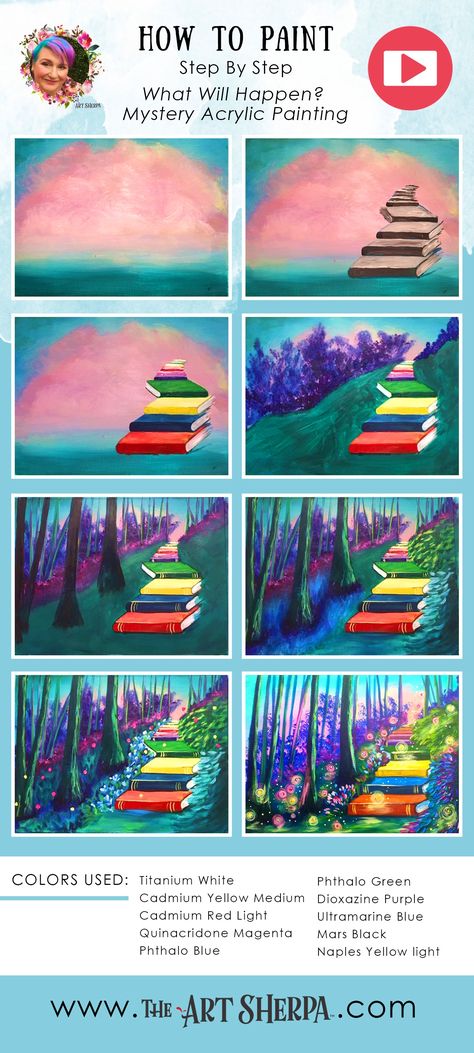 Book Staircase, Galaxy Painting Acrylic, Poster Color Painting, Art Sherpa, The Art Sherpa, Acrylic Art Projects, Canvas Painting Tutorials, Fantasy Forest, Easy Canvas Painting