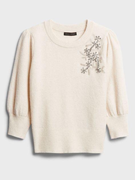 Embellished Puff-Sleeve Sweater | Banana Republic® EU Applique Couture, Styles For Living Room, Bridal Sweater, I Fall To Pieces, Embellished Sweater, Embellished Shirt, Sweater Cropped, Valentino Red, Bow Sweater