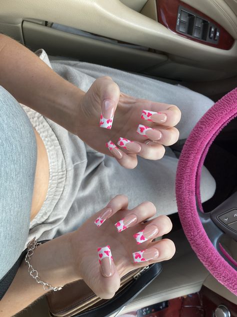 Nail Tips, Cow Print Hot Pink Nails, Cow Tip Nails, Pink Cow Nails, Cow Tipping, Pink French Nails, Cow Nails, Hot Pink Nails, Nail Idea