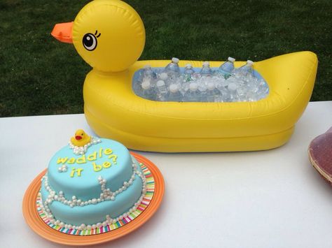 I used a babies tub and filled with ice for beverages to go inside. I made a "Waddle it be?" cake for my friend kali's gender reveal party. duck theme. Duck Gender Reveal Party Decorations, Gender Reveal Ideas Duck Theme, Gender Reveal Duck Theme, Duck Themed Gender Reveal, Duck Theme Gender Reveal, Rubber Duck Gender Reveal, Waddle It Be Gender Reveal Ducks, What The Duck Is It Gender Reveal, Duck Gender Reveal Party