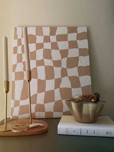 neutral checkerboard painting canvas neutral aesthetic Aztec home dupe psychedelic art vintage bowl brass candle holder style desk Plaid Canvas Painting, Square Cardboard Painting, Square Small Canvas Paintings, Checkerboard Painting Ideas, Canvas Painting Trendy, Square Canvas Acrylic Painting, Neutral Canvas Painting Diy, Checkered Painting Ideas Canvas, Canvas Painting Ideas Square
