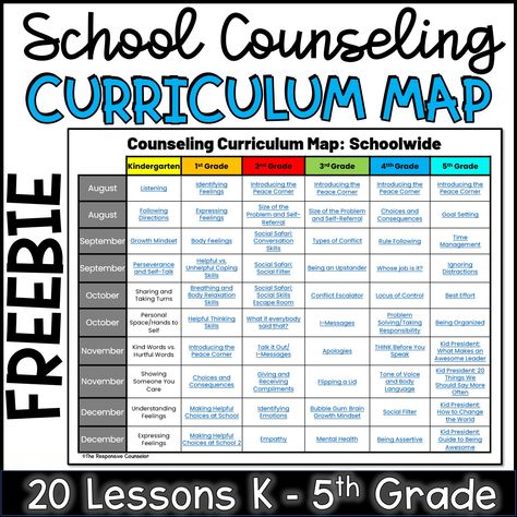 School Counseling Curriculum Map FREEBIE - Shop The Responsive Counselor School Counseling Elementary Career Lessons, School Counseling Activities Middle School, What Does A School Counselor Do Lesson, Beginning Of The Year School Counseling, The Responsive Counselor, School Counselor Vision Board, Individual School Counseling Sessions, School Counselor Open House Table, What Does A School Counselor Do