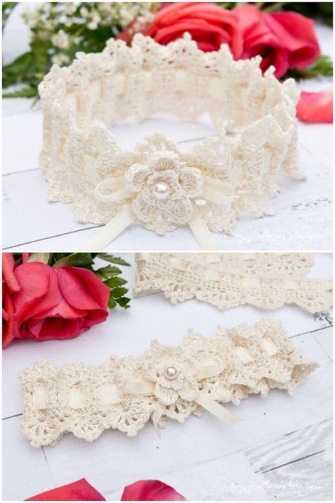 Crochet Bridal Garter Free Pattern, Crochet Garter Wedding Free Pattern, Crochet Garter Belt, Crochet Wedding Accessories, Crochet Lace Patterns, Crochet Lace Flower, Free Crochet Headband, Wedding Crochet Patterns, Wedding Crochet