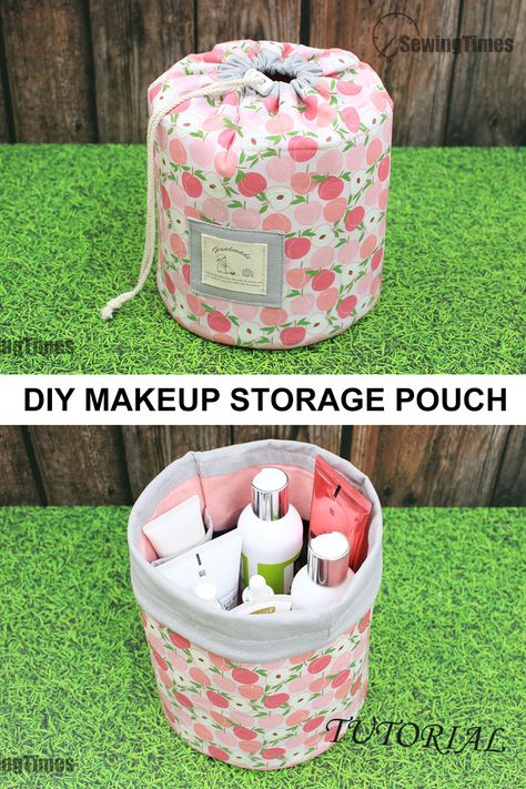 Sew Storage Bag, Drawstring Cosmetic Bag Pattern, Diy Sew Makeup Bag, How To Make Makeup Pouch, How To Sew A Cosmetic Bag, Cosmetic Pouch Diy, Diy Makeup Case, Drawstring Makeup Bag Diy, Cosmetic Bag Sewing Pattern