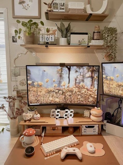 Forest Core Bedroom Aesthetic, Cozy Gamer, Cozy Gaming, Cozy Desk, Gaming Desk Setup, Cozy Office, Study Desk Decor, Cozy Home Office, Gamer Setup