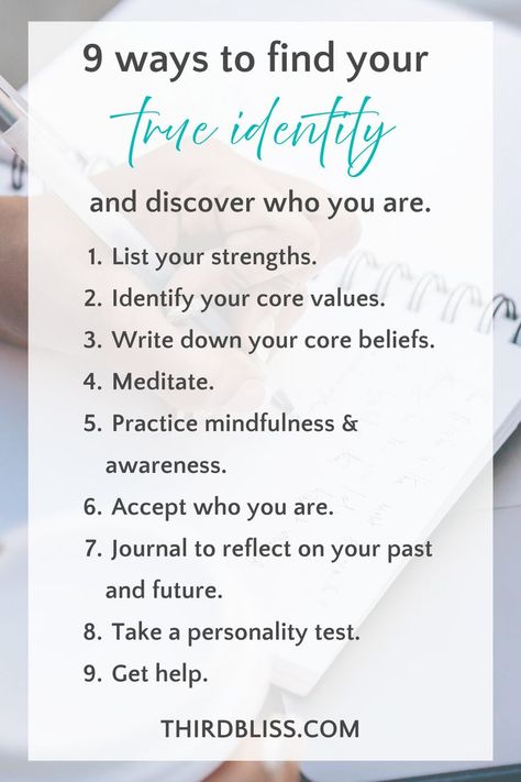9 ways to find your true identity so you can discover who you truly are, like writing in a journal to get to know yourself better. Identity Quotes, Journal Inspiration Writing, Moon Reading, Identity Crisis, Mental Health Therapy, Energy Healing Spirituality, Self Care Bullet Journal, Writing Therapy, Core Beliefs