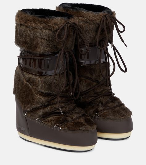 Find Moon Boot Icon Faux Fur-trimmed Snow Boots on Editorialist. Upper: fabric. Lining: fabric. Sole: fabric insole, rubber sole. Toe shape: round toe. Made in Romania. Designer color name: Brown. Comes with a box. Haute Couture, Iconic Clothing Pieces, Brown Moon Boots Outfit, Mountain Boots Outfit, Brown Moon Boots, Moon Boots Fur, Fur Heel Boots, Fur Moon Boots, Plush Outfit