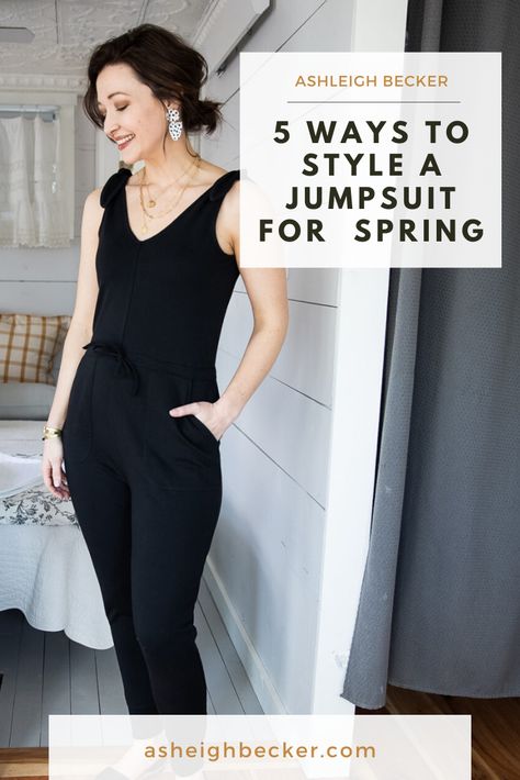 Who else loves a good jumpsuit? I practically live in jumpsuits during the Springtime, because they are comfortable, flattering, and you can wear them in so many ways. In this post, I share my five favorite ways how I style a jumpsuit for warmer weather to help women gain some style inspiration, too. #styleinspiration #outfitinspiration #womensfashion #springfashion #jumpsuit T Shirt Under Jumpsuit, Styling Jumpsuits For Fall, Styling One Piece Jumpsuit, How To Wear Black Jumpsuit Outfit Ideas, Black Jumpsuit Styling, Layering Jumpsuit Outfit, How To Style Black Jumpsuit Outfit Ideas, Spring Jumper Outfit, How To Style Black Jumpsuit