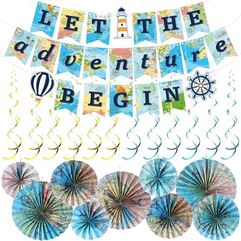 PRICES MAY VARY. Package Includes: you will receive 22 pieces of travel theme party decorations, including 9 pcs map hanging paper fans, 12 pcs hanging swirls and 1 set of adventure banners, the rich patterns and styles hanging together for a visual display, which can add a happy atmosphere to your travel themed party Appropriate Fans Size: there are 3 different size of travel the world paper fans for you to choose, about 8 inches/ 12 inches/ 16 inches; These proper size will match well with oth Adventure Awaits Bulletin Board, Travel Birthday Party Theme, Around The World Theme Party, Travel Theme Party Decorations, Banner Travel, Travel Theme Classroom, Bulletin Board Classroom, Bon Voyage Party, Travel Inspired Wedding