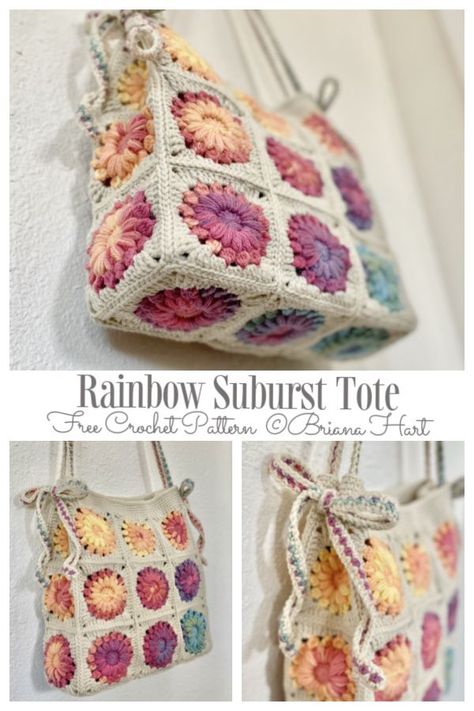 Rainbow Sunburst Granny Squares Bag Free Crochet Patterns Rainbow Sunburst Tote, Crochet Bags Purses Granny Squares, Granny Square Handbags, Granny Square Crochet Pattern Purse, Granny Square Crochet Purse Pattern Free, Crochet Granny Square Handbag, Sunburst Crochet Bag, Crochet Bag Pattern Granny Square, Granny Bag Crochet Pattern