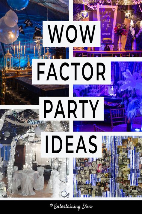 These wow factor party ideas are a great way to make your event decor look fabulous, even if you're on a budget. #entertainingdiva #partydecor #partyplanning #eventdecor #birthdayparty #partyideas How To Decorate A Large Event Space, Sweet 16 Party Decorations Ideas Diy, Fundraising Gala Decor, Elegant Birthday Party Decor, Elegant Gala Decorations, Gala Event Ideas, Gala Party Ideas Decoration, Disco Party Dessert Table, Gala Decor Ideas