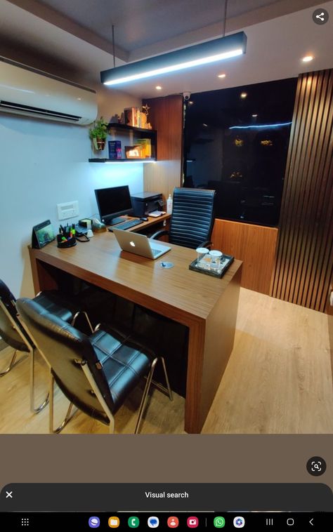 Luxury Small Office Design, Office Table Light, Office Back Wall Design Wooden, Wall Highlighters Interior Design, Small Lawyer Office Design, Small Office Interior Design Simple, Small Office Wall Decor, Small Office Cabin, Wooden Office Table Design