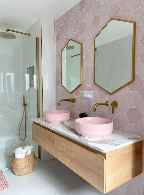 Teenage girl's pink bathroom with double pink basin vanity unit, pink hexagon tiles and complementing marble tiles with walk in shower and brushed gold brassware. Pink Tile Bathroom, Girly Bathroom Ideas, Girly Bathroom, Girl Bathrooms, Pink Bathroom Decor, Basin Vanity Unit, Vanity Ideas, Double Vanity Bathroom