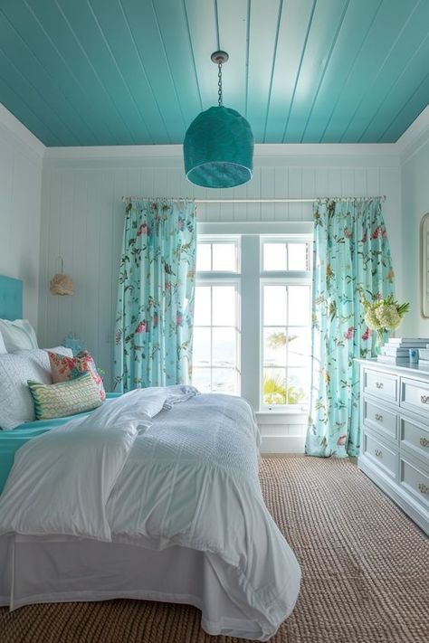 Emslifeandloves Beach Decor Ideas For The Home, Caribbean Room Decor, Cute Beachy Rooms, Tropical Bedroom Aesthetic, Happy Bedroom Ideas, Bedroom Ceiling Color Ideas, Colorful Cozy Bedroom, Beach Girls Room, Greece Inspired Bedroom
