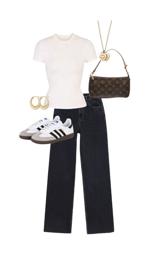 #louisvuitton #sambas #outfitinspo #like #tiffanyandco #outfits #outfitsinspo #outfit #jewelry #gold Winter Samba Outfit, Basic Outfits With Jeans, Everyday Fashion Outfits Casual, Elegant Basic Outfit, Samba Outfit Aesthetic, Elegant Simple Outfit, Basic Outfits Ideas, Basic Jeans Outfit, Basic Outfits Spring