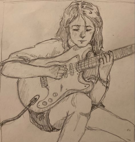 Couple Playing Guitar Sketch, Acoustic Guitar Sketch, Poses Drawing Guitar, Drawing Ideas Guitar, Girl With Guitar Drawing, Person Sitting In Chair Drawing, Guitar Pose Reference Drawing, Guitar Poses Drawing, Sketch Guitar