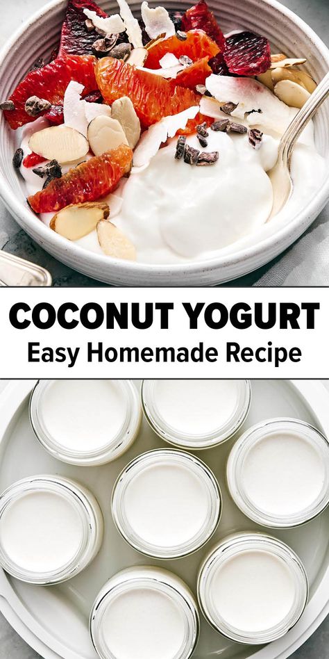 Homemade coconut yogurt recipe. Coconut Greek Yogurt Recipe, Slow Cooker Yogurt Recipe, Vegan Coconut Yogurt Recipe, Non Dairy Yogurt Recipe, Making Yogurt Homemade, Coconut Yogurt Bowl, Homemade Dairy Free Yogurt, Dairy Free Frozen Yogurt, Non Dairy Yogurt