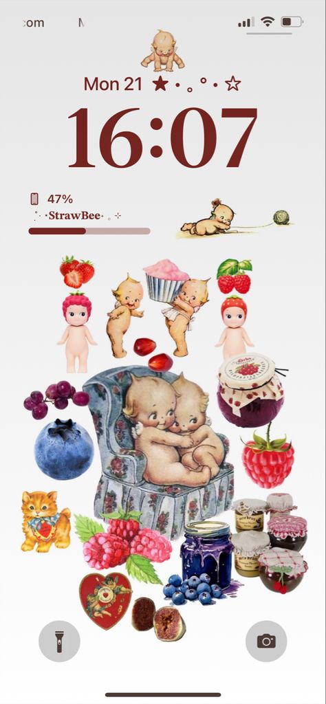 Vintage kewpie aesthetic iphone background jam berries strawberry coquette Kewpie Wallpaper Iphone, Sonny Angel Lockscreen, Kewpie Wallpaper, Sonny Angel Wallpaper, Cute Homescreen, Aesthetic Lock Screen, Homescreen Setup, Japan Fall, Bendy Y Boris