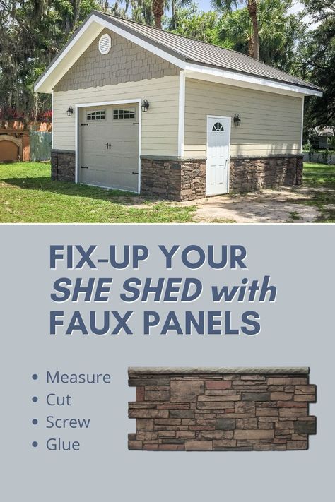 She Shed transformation with URESTONE Wainscot in Ledgestone, color Mocha. Faux Brick Underpinning, Outdoor Faux Brick Wall Panels, Faux Brick Garage Wall, Add Brick To House Exterior, Wainscoting Exterior Siding, Faux Panels Stone Exterior, Faux Brick Outdoor Panels, Fake Brick Siding Exterior, Faux Brick Wall Outdoor