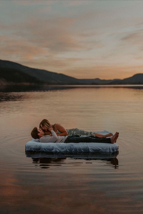 AIR MATTRESS ON THE LAKE | KELOWNA PHOTOSHOOT | CALVIN & CAMILE Air Matress, Boat Engagement Photos, Blow Up Mattress, Water Mattress, Lake Floats, Air Beds, Cold Lake, Lake Photoshoot, Water Shoot