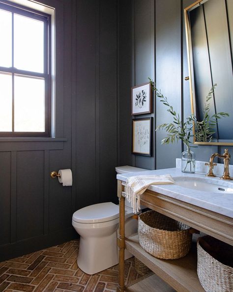 Design Shop Interiors on Instagram: “Woke up at 4:45am with a screaming migraine 🤯 ...canceled my morning appointments, the hubs took our kiddo to school and now I'm sitting on…” Blue Powder Rooms, Beige Headboard, Polished Nickel Faucet, Light Grey Walls, Wicker Dining Chairs, Cottage Bathroom, Powder Room Design, Powder Room Small, White Quartz Countertop