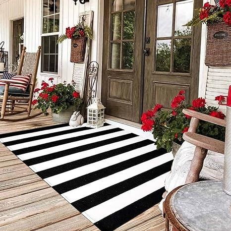 Amazon.com: Black and White Area Rug 35.4 x 59 Inches Striped Front Door Rug Outdoor Front Porch Rug Hand-Woven Machine Washable Indoor/Outdoor Layered Door Mats for Entryway/Bedroom/Outdoor : Home & Kitchen Black And White Striped Rug, Layered Door Mats, Front Porch Farmhouse, Front Porch Rug, Porch Farmhouse, Kitchen Entry, Front Door Rugs, Plaid Rug, Welcome Door Mat